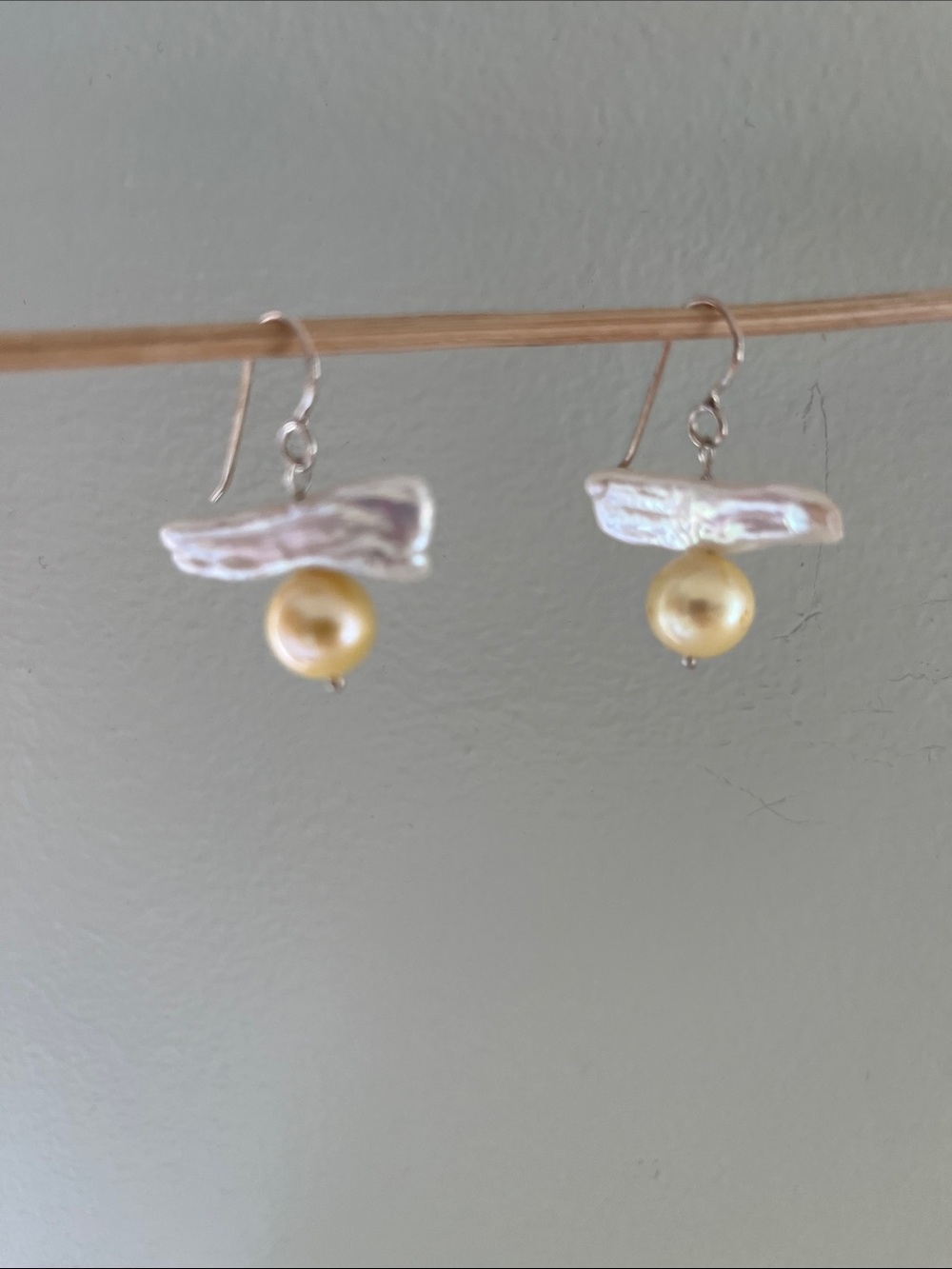 Golden Pearl Drop Earrings with Iridescent Pearl Accent